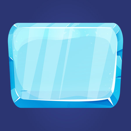 Ice button, frozen frame, level menu in cartoon style isolated on white background. Glass shiny panel, game ui element.のイラスト素材