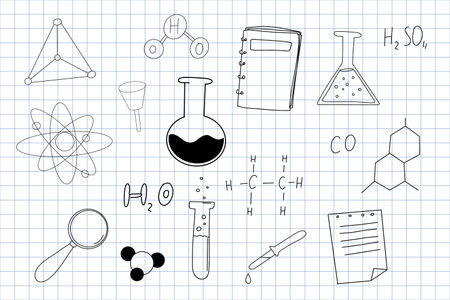 Chemistry research hand drawn sketch doodle line icons. Flasks and tubes back to school elements. Education science lab drawing.のイラスト素材