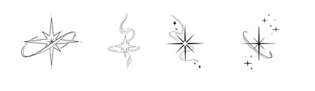 Trendy y2k line star, tattoo aesthetic doodle or sketch. Sparkle swirl silhouette line light, orbit move, trail. Retro space orbit geometricのイラスト素材