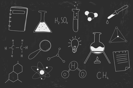 Science doodle hand drawn elements on school blackboard chalk sketch drawing. Chemistry calculations formula lab flasks, idea set.のイラスト素材
