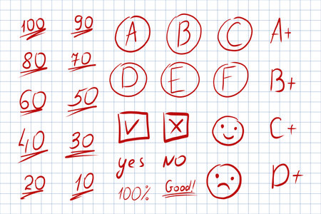 Grade mark red pen result highlight. Hand drawn red marker doodle school grading marks, handwritten teacher exam test rating,のイラスト素材