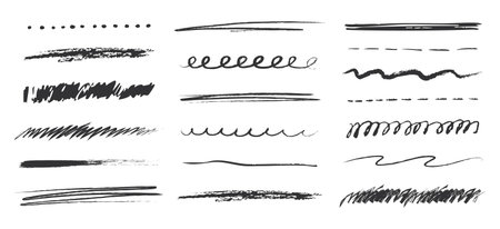 Crayon underline set, pencil wavy and straight chalk kid free hand brush texture. Scribble grunge border simple thin and thick lines. Doodle mark.のイラスト素材