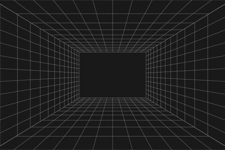 Room perspective grid box in futuristic 3d style. Outline hud tech grid background, room projection. Wireframe grid template in perspective view.のイラスト素材