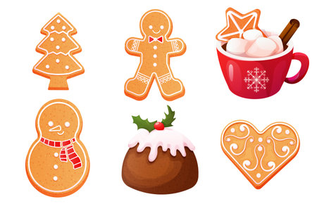 Gingerbread set cute snowman, man, mug with hot beverage, house and tree with icing decoration, seasonal dessert, cookies isolated on white background.のイラスト素材