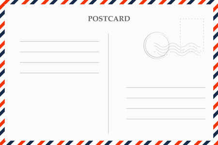 Travel card design template postcard retro background with grids, stamp. Mail, vintage letter design.retro border envelope with stripes. Paper texture, vintage mail. Air post letter.のイラスト素材