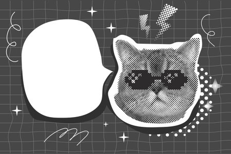 Cat with pixel glasses halftone collage sticker empty trendy bubble cloud, trendy retro y2k pet, funky emoticon animal, pop aesthetic. Meme head with speech bubble. Funny kitty.のイラスト素材