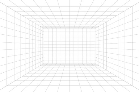 Room perspective grid box in futuristic 3d style. Outline hud tech grid background, room projection. Wireframe grid template in perspective view.のイラスト素材