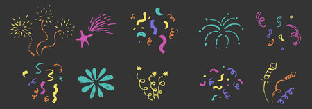 Firework Chalk hand drawn star blink, firework, glitter silhouette and glowing symbols in sketch style set. Confetti doodle grunge simple decoration.のイラスト素材