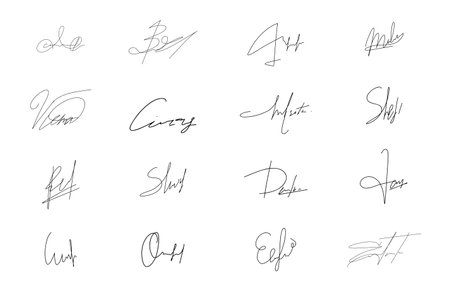 Fake autograph set hand drawn signature doodle sketch free hand pen sign. Ink name sample for contract, certificate, scribble line font.のイラスト素材