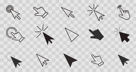 Cursor arrow pointer, click here mouse load symbol. Pointer cursor and loading icon. Cursors icons click set. Touch screen symbol, pointer sign and symbol.のイラスト素材