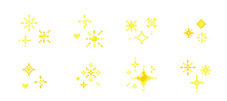 Pixel set sparks, retro game stars, whimsical y2k 8 bit elements. Glittering sparkles, fireworks 90 s aesthetics. Collection Sparkling stars pixel art.のイラスト素材