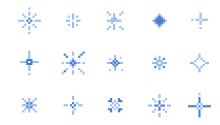Cute retro arcade game pixel star, snow blue icons. Whimsical y2k sparkles, burst. Simple shining stars, ice.のイラスト素材