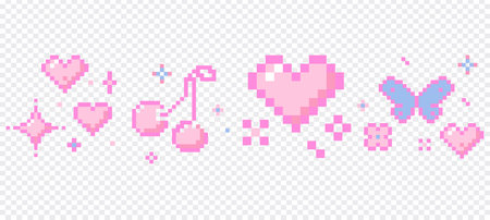 Cute pixel border nice pink pixel decoration. Y2k retro game 8 bit flower blossom, stars sparkles, butterfly, heart and cherry. Whimsical sparkling shining stars emoji,のイラスト素材