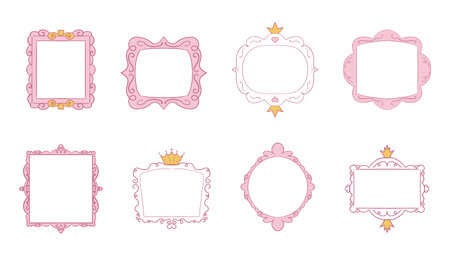 Princess frame mirror set line fairy. Whimsical cute doodle mirrors with crown for baby princess. Collection elegant pastel decor.のイラスト素材