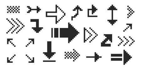 Pixel arrow set. Pixel art different directions 8 bit gaming console style sign. Interface icon. Collectionのイラスト素材