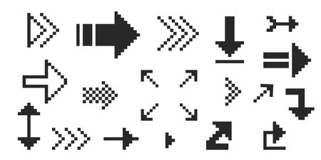 Pixel arrow set. Pixel art different directions 8 bit gaming console style sign. Interface icon. Collectionのイラスト素材