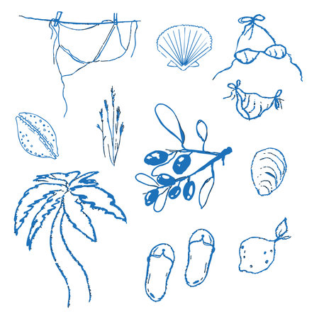 Summer sketch set seashore greek sea tourism, rest hand drawing. Line beach party elements. Vacation doodle tropical print.のイラスト素材