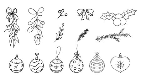 Christmas ball, isolated baubles with ornaments doodle set. Festive bows, mistletoe crayon or chalk drawing, sketch.のイラスト素材