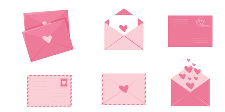 Envelope Love letters with hearts, cute pink romantic mail with stamp, airmail, postcard. Wedding and Valentine Day Decoration design elements.のイラスト素材