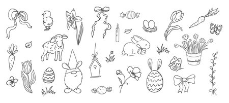 Easter spring set basket with flowers, eggs and bows. Chickens, leaves sketchy free hand spring bouquet. Easter cute set.のイラスト素材