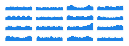 Simple clouds divider web site separator set. Fluffy curve edge header section. Blue border for banner, frame bottom, templateのイラスト素材