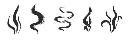Smell steam and smoke lines icons set. Air wind and scent linear hand drawn doodle. Hot vapor, aroma, smell, waves from food sketch.のイラスト素材