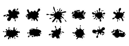 Black smooth ink shiny blob form set. Splash with glossy drops, round abstract shapes silhouette liquid. Soft fluid organic puddle border, frame. Current drops. Ink Paint fall down liquid.のイラスト素材