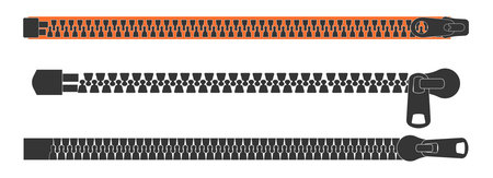 Set zipper lock or unlock. Fastener metal slide with puller. Split cloth pulling zip. Collection Apparel accessories simple drawing.のイラスト素材