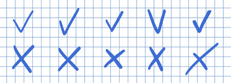 Check mark doodle icon set. Checkmarks and confirm. Ok, yes sign for agreement, done. tick. Cross signs for checkbox, checklist, v in sketch.のイラスト素材