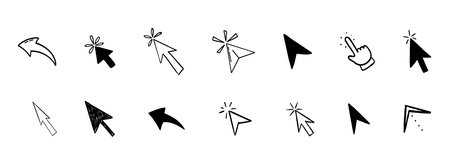 Arrow click icon. Mouse cursor arrow doodle hand drawn sketch icon set, pointer press here tap...