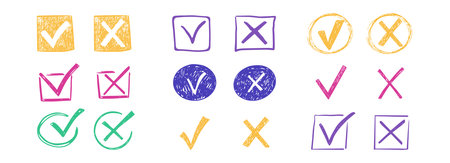 Check mark crayon scribble doodle, chalk texture, checkmark and red cross icon set, circle and...