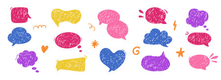 Crayon Speech Bubbles comic scribble talk balloon in sketch style, grunge texture pencil naive doodle conversation message iconのイラスト素材