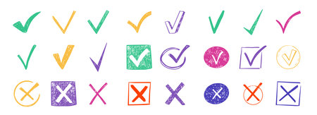 Check mark crayon scribble doodle, chalk texture, checkmark and red cross icon set, circle and...