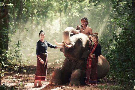 Beautiful girl with a smiling elephantのeditorial素材