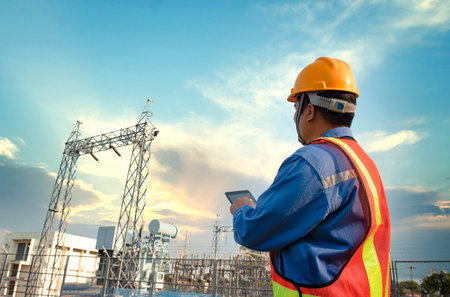 Engineer in uniform and helmet is behind small power plants at construction sites in Asia.の写真素材