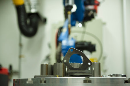 Blurred image of welding factory, industrial robot is a welding test program in a car factory.の写真素材