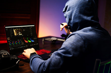 blogger is working on video editing and watching monitors in the home office while doing post-production work,Blogger Asianの写真素材