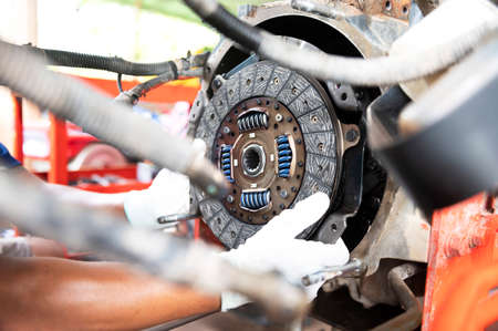 See details of clean old tractor clutch parts. Automobile clutch disc details, spare parts for repair, maintenance, tractor clutch disc, truck clutch disc. auto parts detailsの写真素材