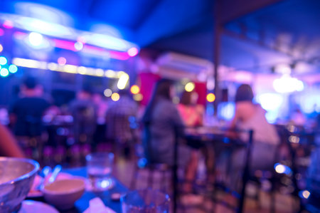 Abstract blur of night festival in Asian restaurant and atmosphere is happy and relaxed with bokeh for background.の写真素材
