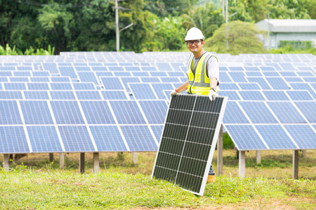 Engineers work to inspect solar installations at solar power stations.