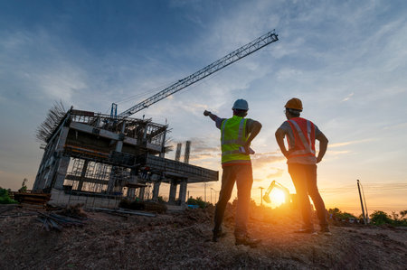 Engineer on a construction site passing by a construction site that blurs at sunset, an engineer...