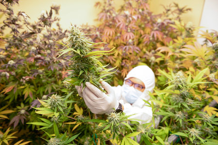 Scientists wearing masks, goggles and gloves inspect marijuana plants in a greenhouse. herbal alternative treatment cbd oil pharmaceutical industryの写真素材