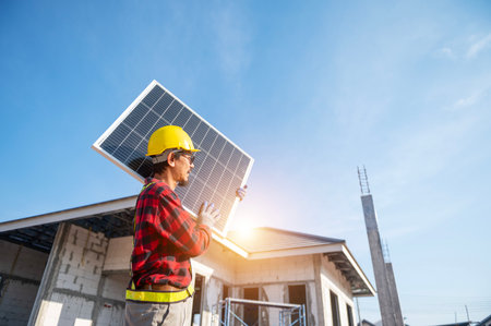 Technicians carrying solar panels ready to be installed on the roof of a housing estate...