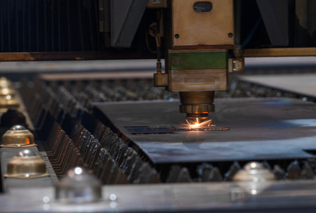 Laser cutting head for metal processing metal factory spark background, Processing and laser cutting for metal in the industrialの写真素材