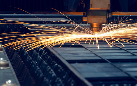 Laser cutting head for metal processing metal factory spark background, Processing and laser cutting for metal in the industrialの写真素材