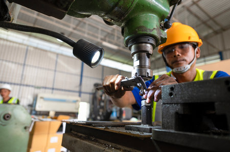 Asian worker engineer in drilling machine factory in smart factory wearing yellow safety helmet before at small factoryの写真素材