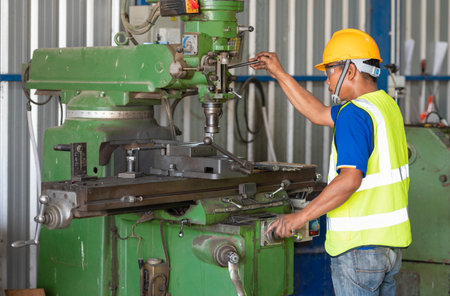 Asian worker engineer in drilling machine factory in smart factory wearing yellow safety helmet...