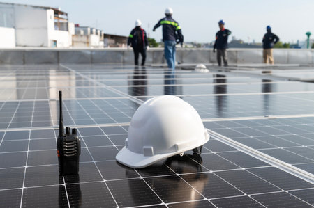 Solar installation concept White helmet blueprint and walkie talkie on solar panel High security wearing helmet at work site installing solar panels on the roofの写真素材