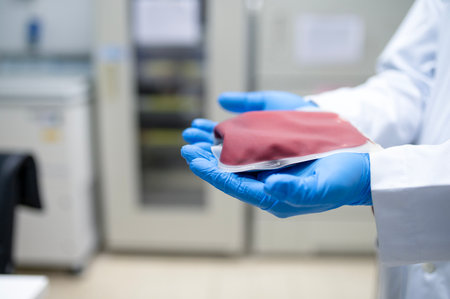 Doctor's hand holding blood bag in laboratory technician analyzing blood bag in blood bankの写真素材