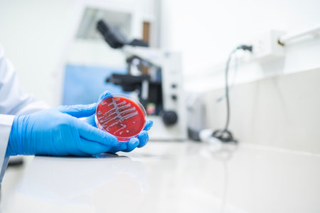 Doctor holding white bacteria on blood agar in hospital microbiology department bacteria identificationの写真素材